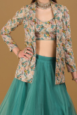 Organza Persian Green Printed Flared Style Lehenga