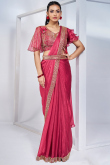 Organza Ruby Red Cutdana Embroidered Ready to Wear Saree For Sangeet