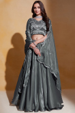 Organza Zari Embroidered Charcoal Grey Flared Style Lehenga