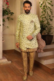 Pakistani Designer Golden Sherwani With Pale Yellow Jacket