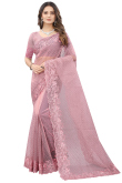 Saree in Net Pale Pink with Resham Embroidery for Party 
