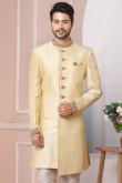 Pale Yellow Banarasi Silk Embroidered Men's Churidar Sherwani