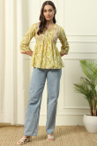 Pale Yellow Cotton Printed Short Ready Made Kurti