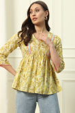 Pale Yellow Cotton Printed Short Ready Made Kurti