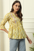 Pale Yellow Cotton Printed Short Ready Made Kurti
