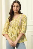 Pale Yellow Cotton Printed Short Ready Made Kurti