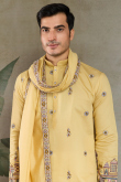 Pale Yellow Cotton Silk Men's Kurta With Sequins Work For Festival
