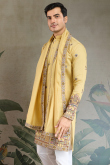 Pale Yellow Cotton Silk Men's Kurta With Sequins Work For Festival