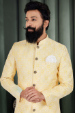Pale Yellow Jacquard Embroidered Men's Sherwani