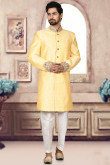 Pale Yellow Jacquard Straight Cut Men Sherwani