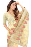 Pale Yellow Net Embroidered Designer Saree