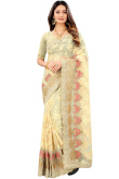 Pale Yellow Net Embroidered Designer Saree