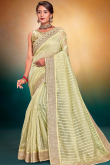 Pale Yellow Net Lace Embroidered Light Weight Saree