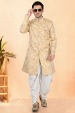 Pale Yellow Silk Men's Sherwani with Zari Work for Wedding