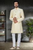 Pale Yellow Silk Resham Thread Embroidered Men's Sherwani