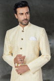 Pale Yellow Silk Resham Thread Embroidered Men's Sherwani