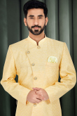 Pale Yellow Silk Straight Cut Men Sherwani