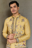 Pale Yellow Viscose Silk Men's Kurta Pajama With Embroidered Jacket