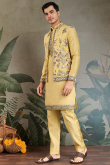 Pale Yellow Viscose Silk Men's Kurta Pajama With Embroidered Jacket