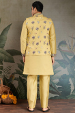 Pale Yellow Viscose Silk Men's Kurta Pajama With Embroidered Jacket