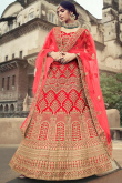 Paneled Style Satin Embroidered Bridal Wear Lehenga In Red
