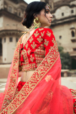 Paneled Style Satin Embroidered Bridal Wear Lehenga In Red