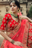 Paneled Style Satin Embroidered Bridal Wear Lehenga In Red