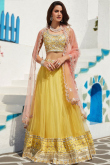 Party Wear Embroidered Net Yellow Lehenga