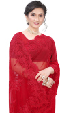 Party Wear Net Embroidered Saree In Red Color