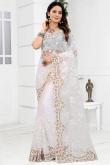 Party Wear White Net Embroidered Saree