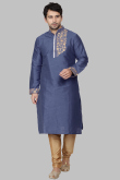 Pastel Dark Blue Dupion Silk Dori Embroidered Men's Kurta Churidar