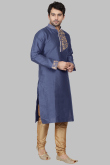 Pastel Dark Blue Dupion Silk Dori Embroidered Men's Kurta Churidar