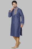 Pastel Dark Blue Dupion Silk Dori Embroidered Men's Kurta Churidar