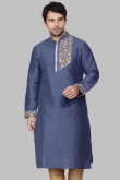 Pastel Dark Blue Dupion Silk Dori Embroidered Straight Cut Kurta