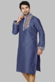 Pastel Dark Blue Dupion Silk Dori Embroidered Straight Cut Kurta