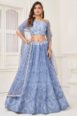 Pastel Dark Blue Mirror Embroidered Net Flared Style Lehenga