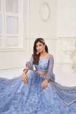 Pastel Dark Blue Mirror Embroidered Net Flared Style Lehenga