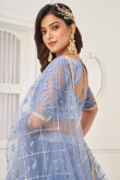 Pastel Dark Blue Mirror Embroidered Net Flared Style Lehenga