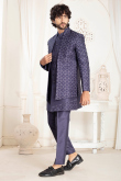 Pastel Dark Blue Silk Blend Weaved Thread Men's Sherwani For Wedding