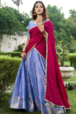 Pastel Dark Blue Silk Woven Zari Flared Style Lehenga