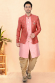 Pastel Pink Dupion Silk Men's Sherwani with Woven Work for Sangeet