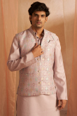 Pastel Pink Jacket Style Viscose Men's Plain Kurta Pajama 