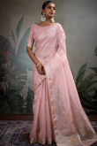 Pastel Pink Kora Silk Saree With Zari Work For Diwali