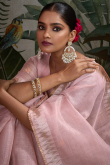 Pastel Pink Kora Silk Saree With Zari Work For Diwali