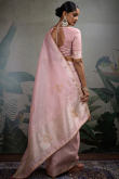 Pastel Pink Kora Silk Saree With Zari Work For Diwali