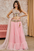 Pastel Pink Net Embroidered Flared Style Lehenga