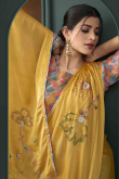 Patch Embroidered Turmeric Yellow Satin Light Weight Saree 