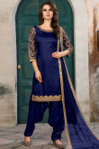 Denim Blue Art Silk Embroidered Patiala Suit