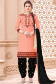 Resham Embroidered Cotton Peach Patiala Suits
