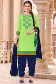 Resham Embroidered Cotton Green Patiala Suits